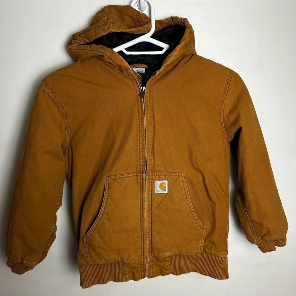 Vintage Carhartt Jacket Brown Duck Canvas Hooded Faded Zip Y2K Youth Large 14/16
